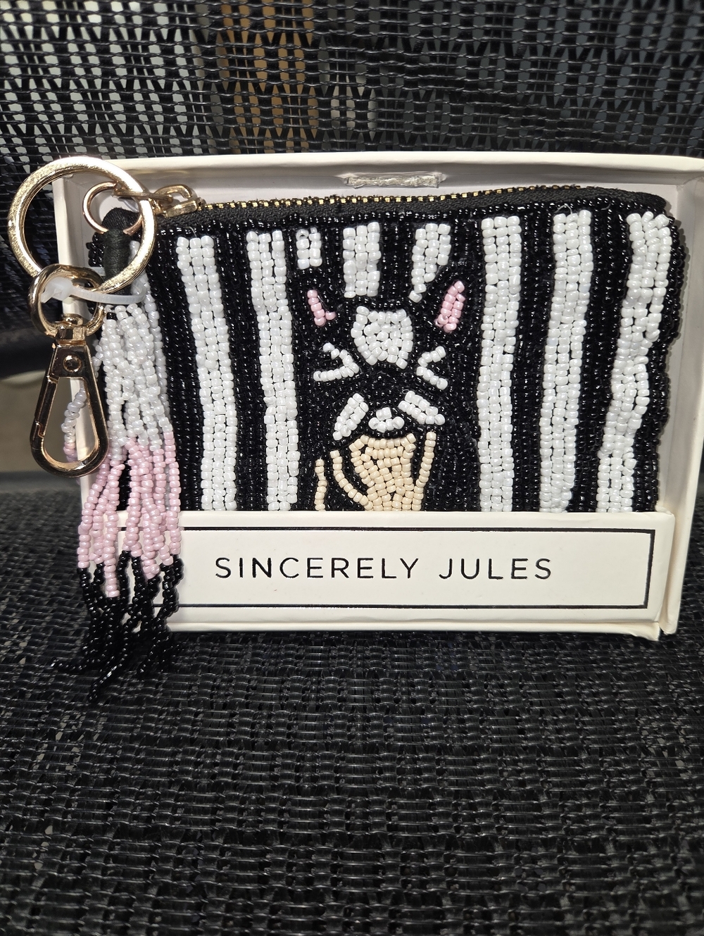 Sincerely Jules Beaded French dog Coin Pouch - Black & White with Pink Accent